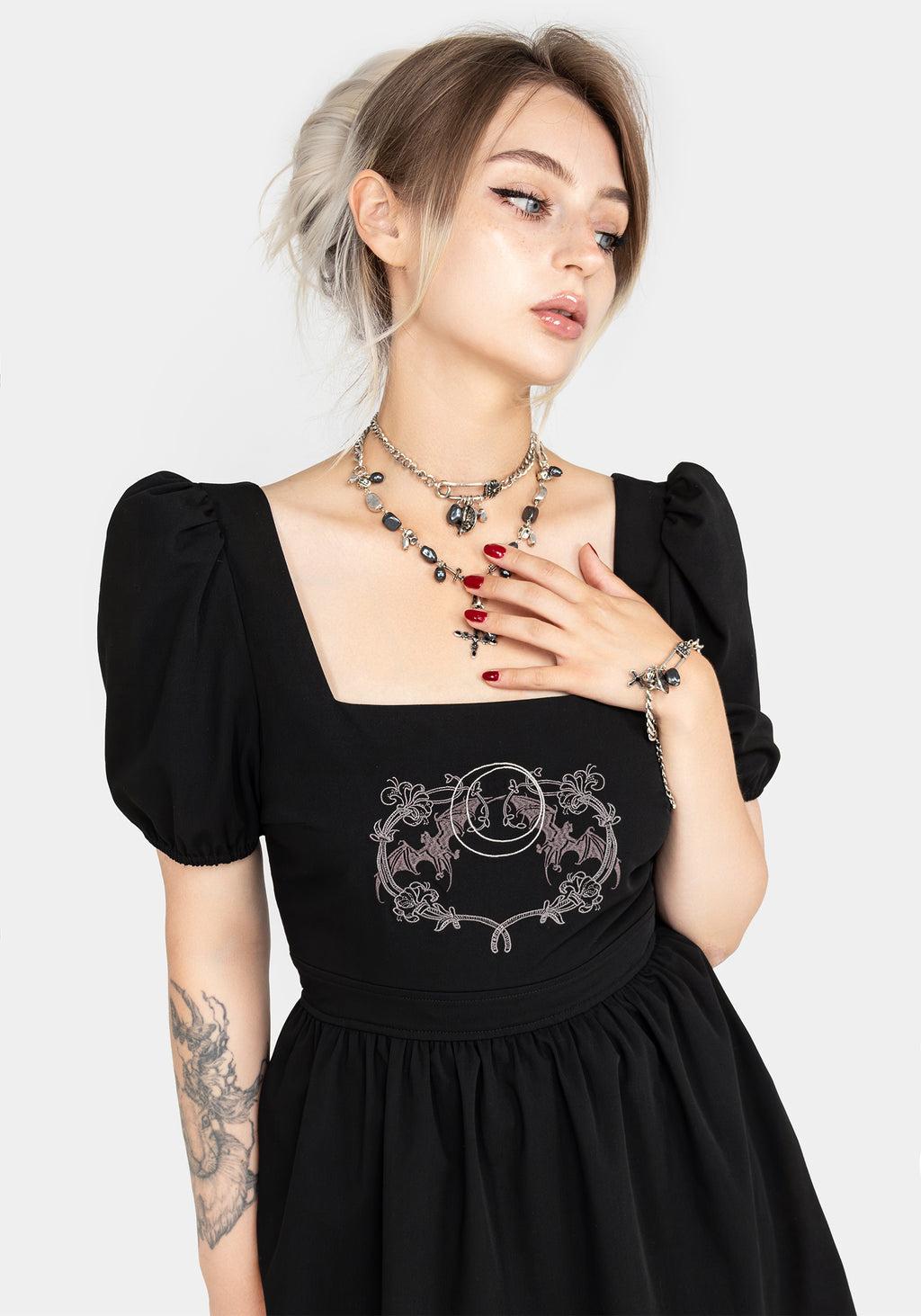Vampyrum Bat Embroidered Puff Sleeve Mini Dress Product Image