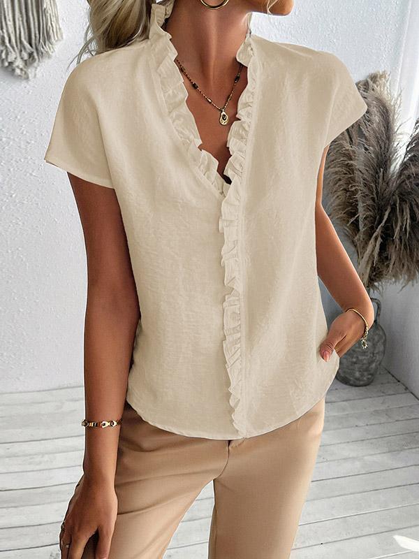 Loose Short Sleeves Ruffle Trim Solid Color V-Neck Blouses&Shirts Tops Product Image