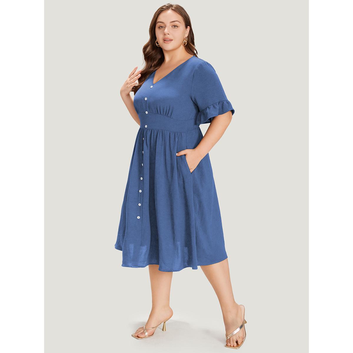 Plus Size Solid Bell Sleeve Button Detail Pocket Gathered Dress DarkBlue Women Elegant V-neck Half Sleeve Curvy Midi Dress BloomChic 30/6X Product Image