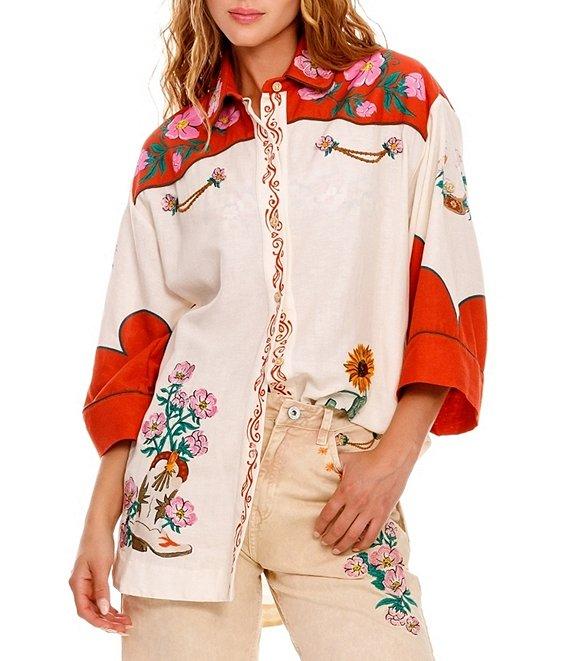 Agua Bendita Chrissy Nopal Floral Embroidered Point Collar 3/4 Sleeve Button Up Top Product Image