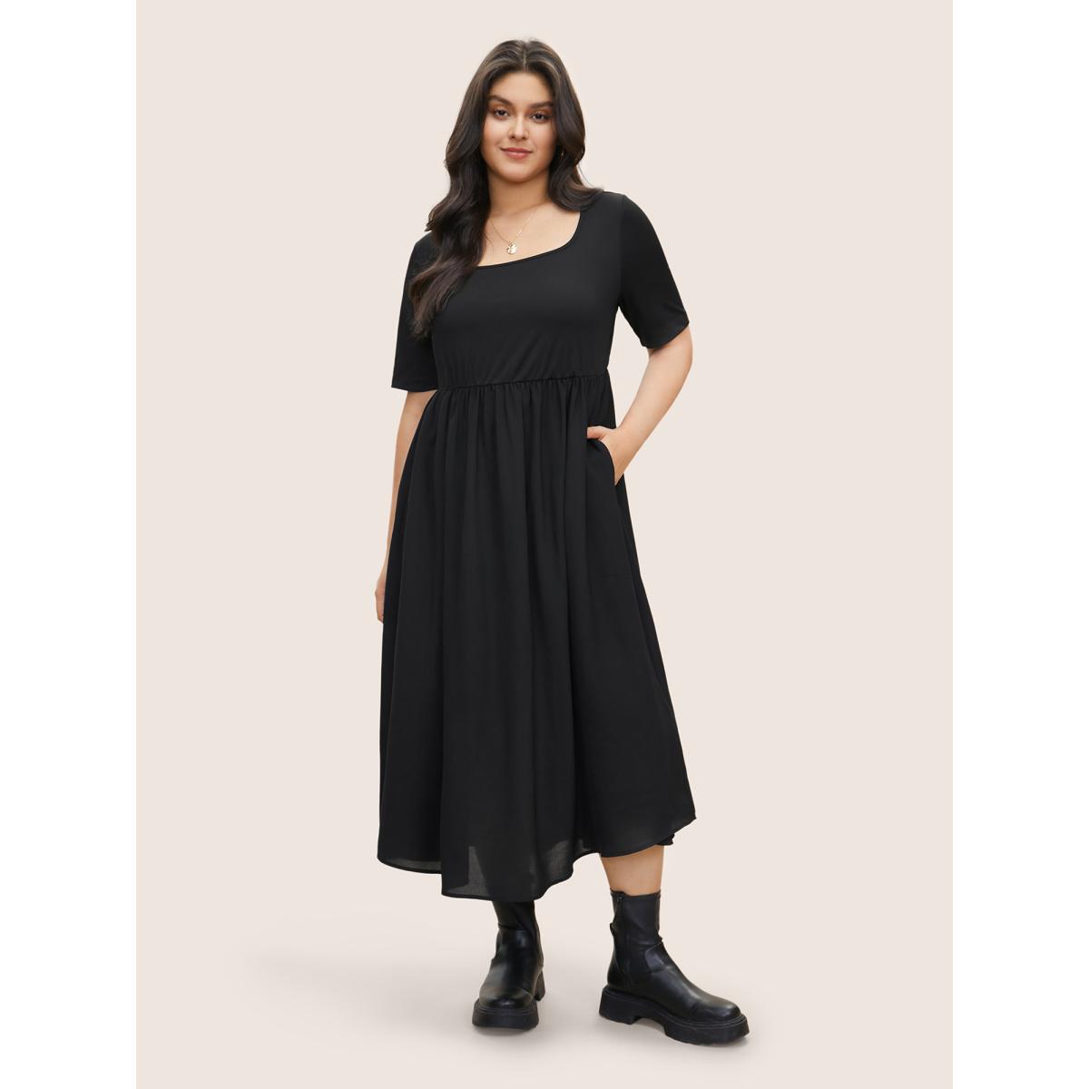 Plus Size Plain Square Neck Gathered Elastic Waist Dress Black Women Casual Non Square Neck Short sleeve Curvy Midi Dress BloomChic 22-24/3X Product Image
