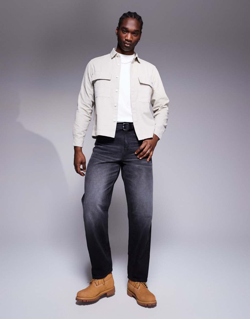 ASOS DESIGN boxy overshirt with badge in stone Product Image