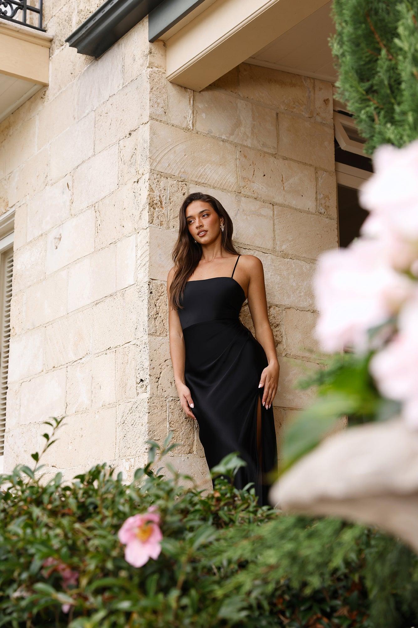 The Violetta Satin Maxi Dress Black Product Image