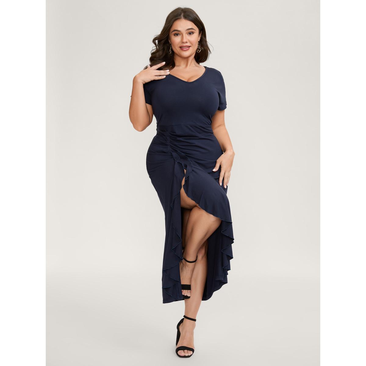 Plus Size Supersoft Waist-Tie Slit Maxi Dress Indigo Women Romantic Cross straps V-neck Short sleeve Curvy BloomChic 14-16/1X Product Image