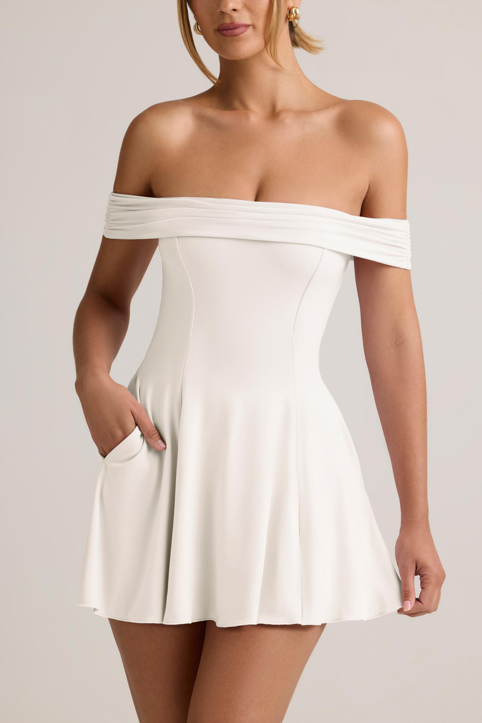 Modal Off-Shoulder A-Line Mini Dress in White Product Image