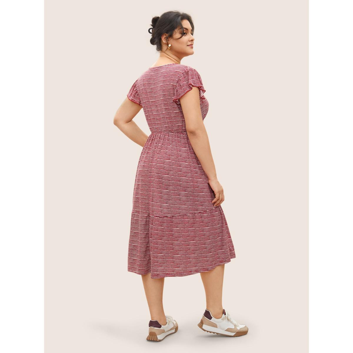 Plus Size Striped Surplice Neck Ruffle Cap Sleeve Dress Russet Women Casual Non Overlap Collar Cap Sleeve Curvy Midi Dress BloomChic 30/6X Product Image