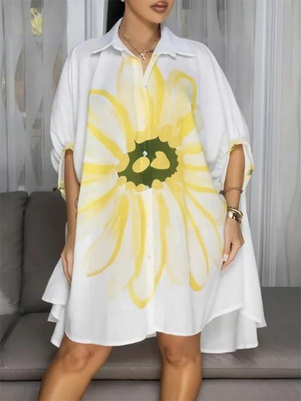 Half Sleeves Loose Buttoned Flower Print Lapel Mini Dresses Shirt Dress Product Image