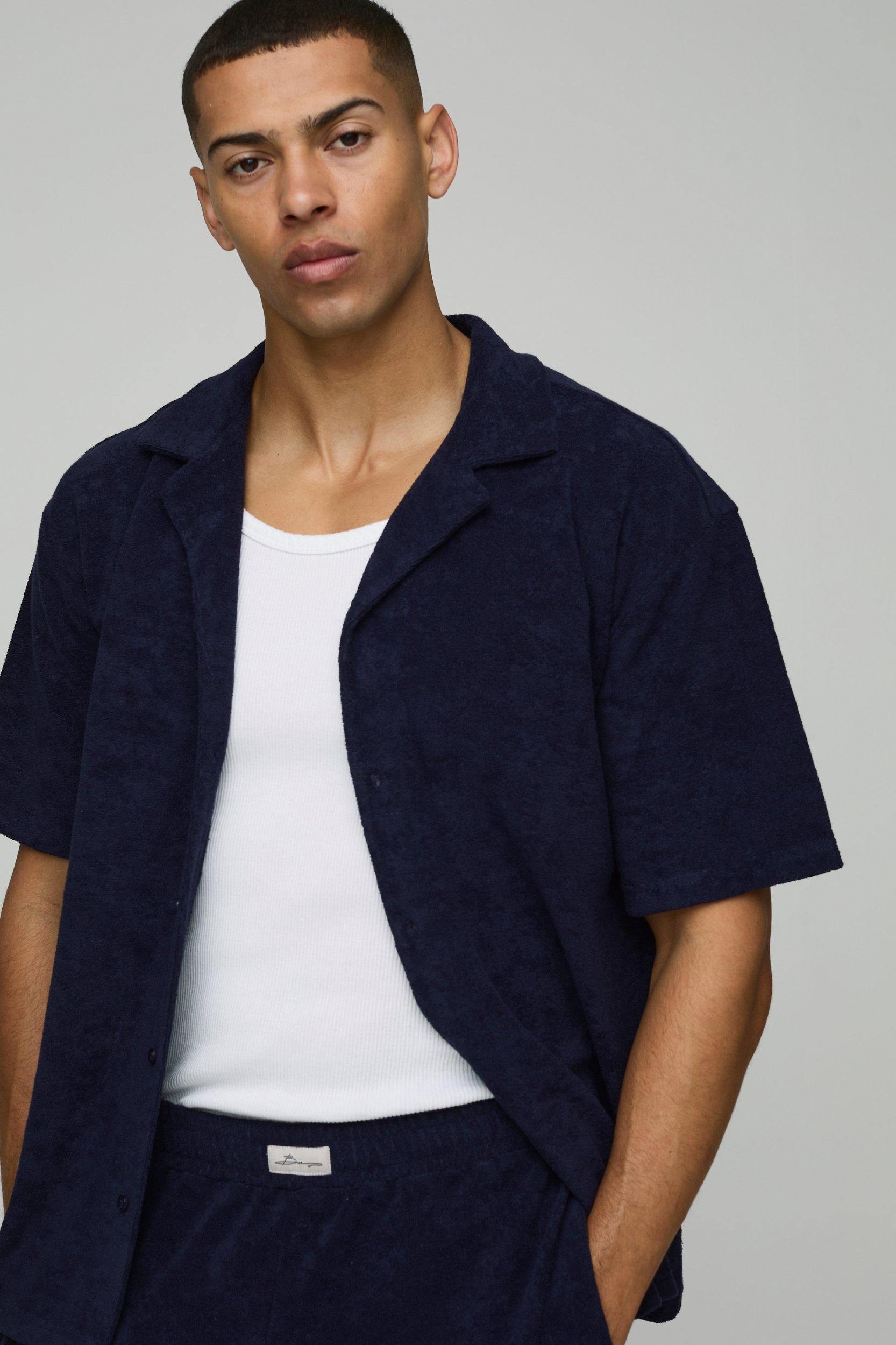 Oversized Revere Towelling Shirt & Loose Short Set | boohooMAN USA Product Image