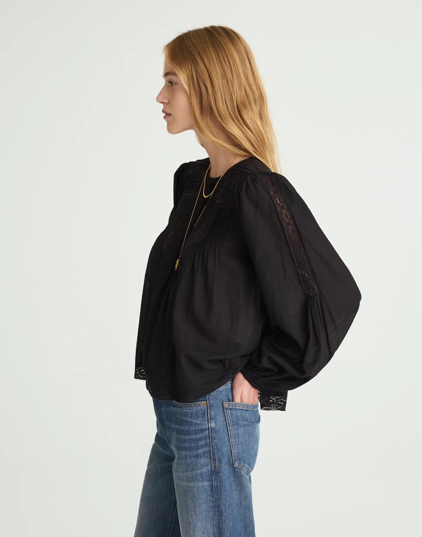 Lace-Insert Pintucked Long-Sleeve Top Product Image