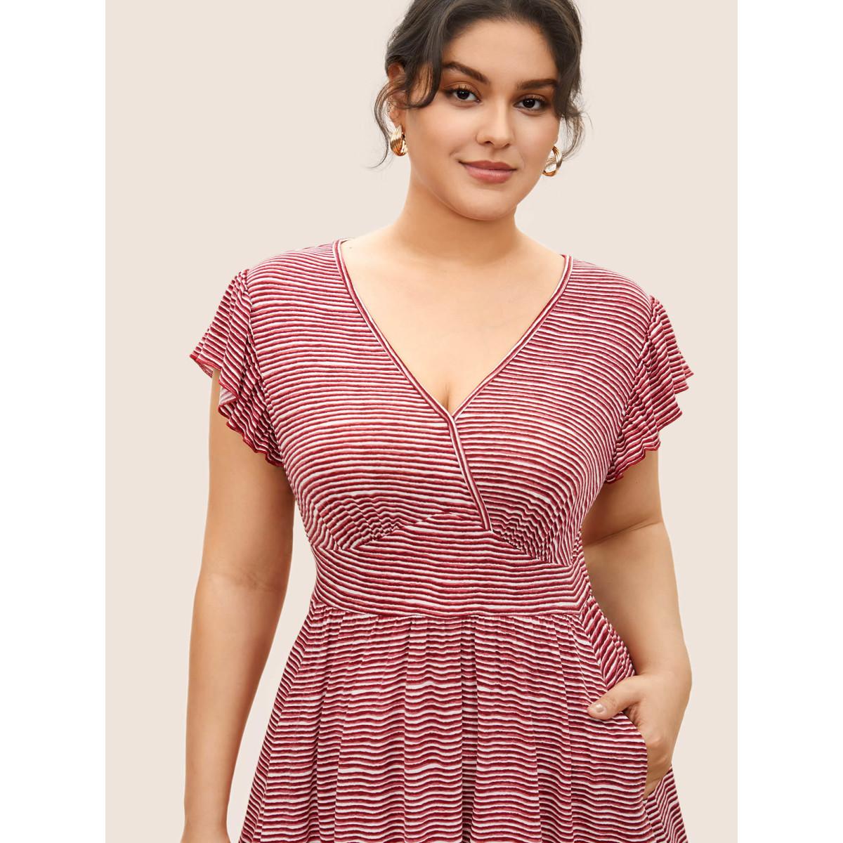 Plus Size Striped Surplice Neck Ruffle Cap Sleeve Dress Russet Women Casual Non Overlap Collar Cap Sleeve Curvy Midi Dress BloomChic 30/6X Product Image