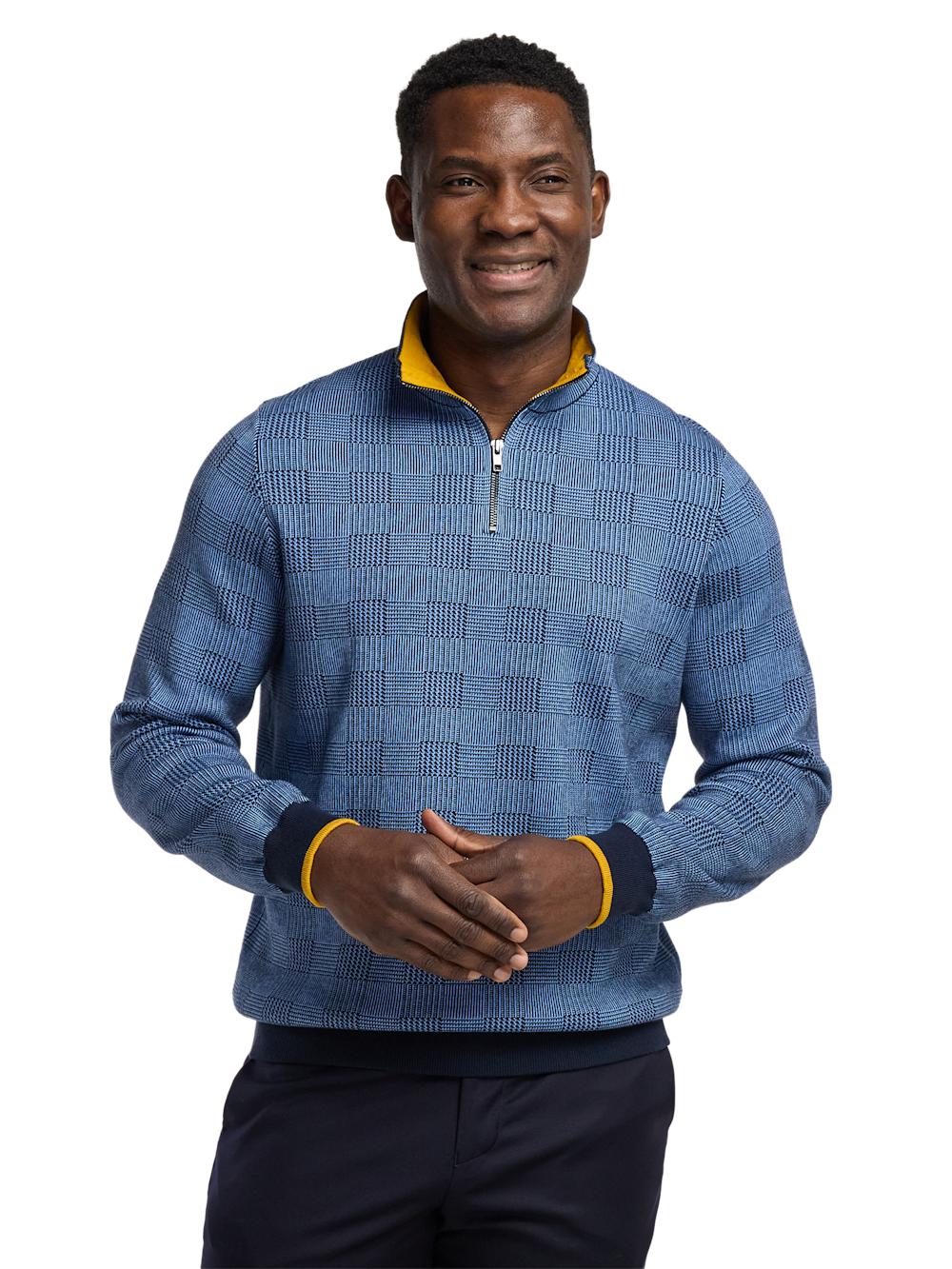 Cotton Quarter Zip Mock Neck Sweater - Blue/gold Product Image
