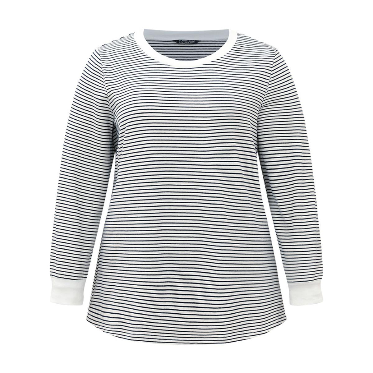 Plus Size Cotton Striped Striped Sweatshirt Women Indigo Casual Elastic cuffs Round Neck Everyday Sweatshirts BloomChic 22-24/3X Product Image