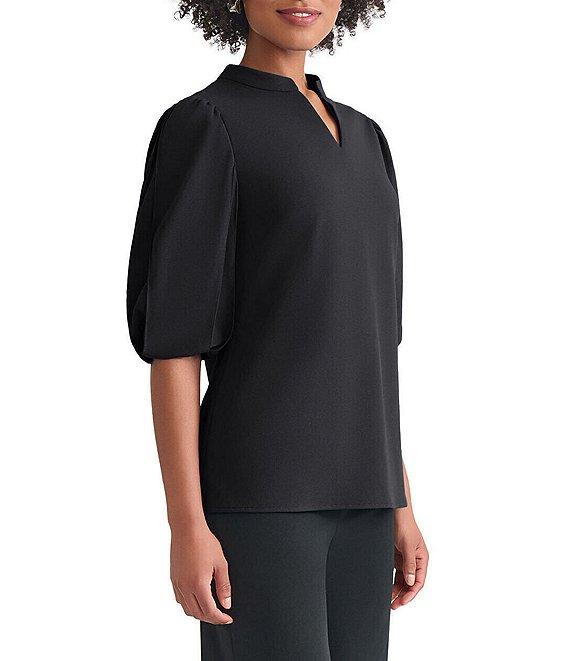 Ming Wang Stretch Crepe Split V-Neck Elbow Puff Sleeve Blouse Product Image