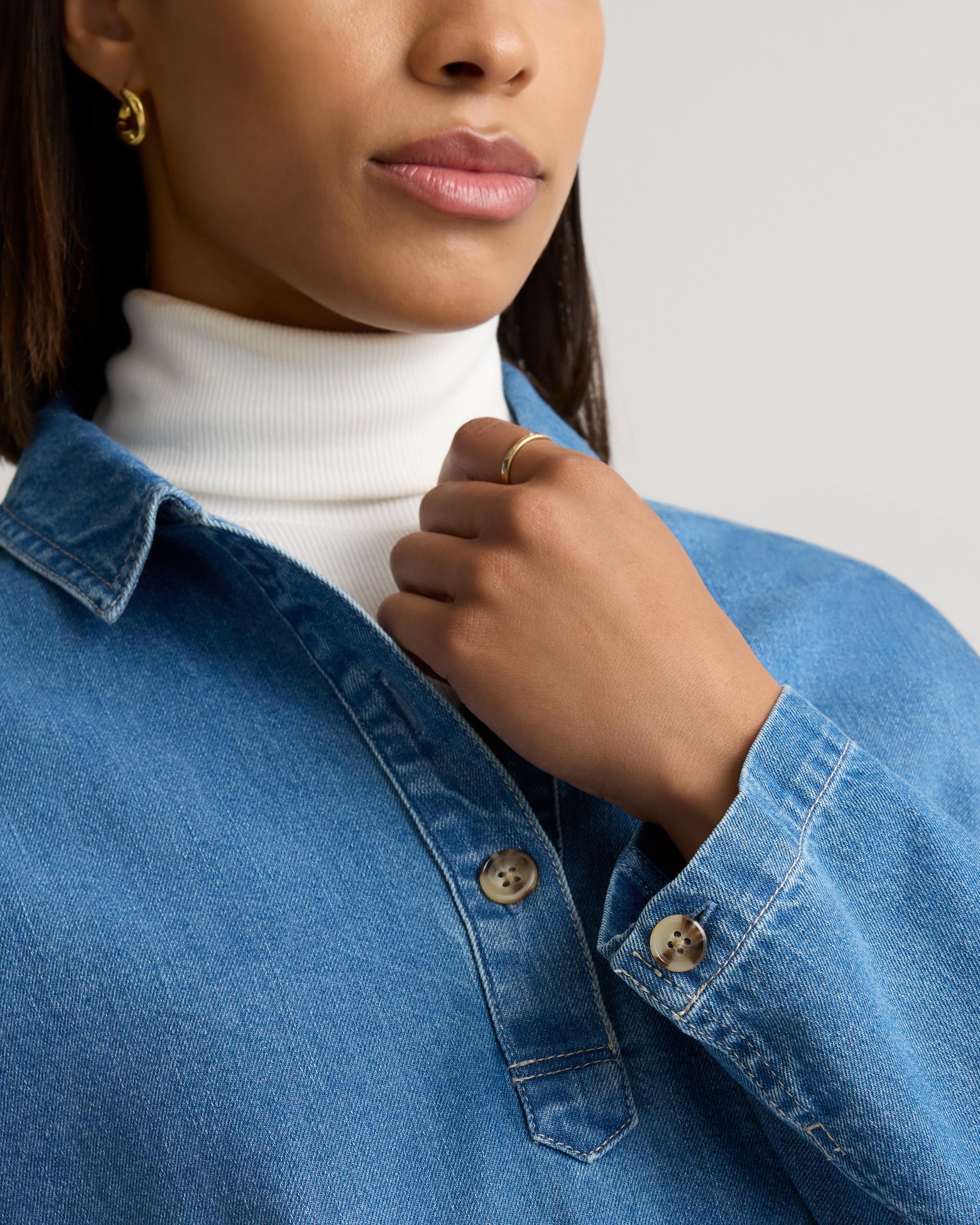 Quince | Women's Distressed Denim Popover Shirt Organic Cotton Product Image