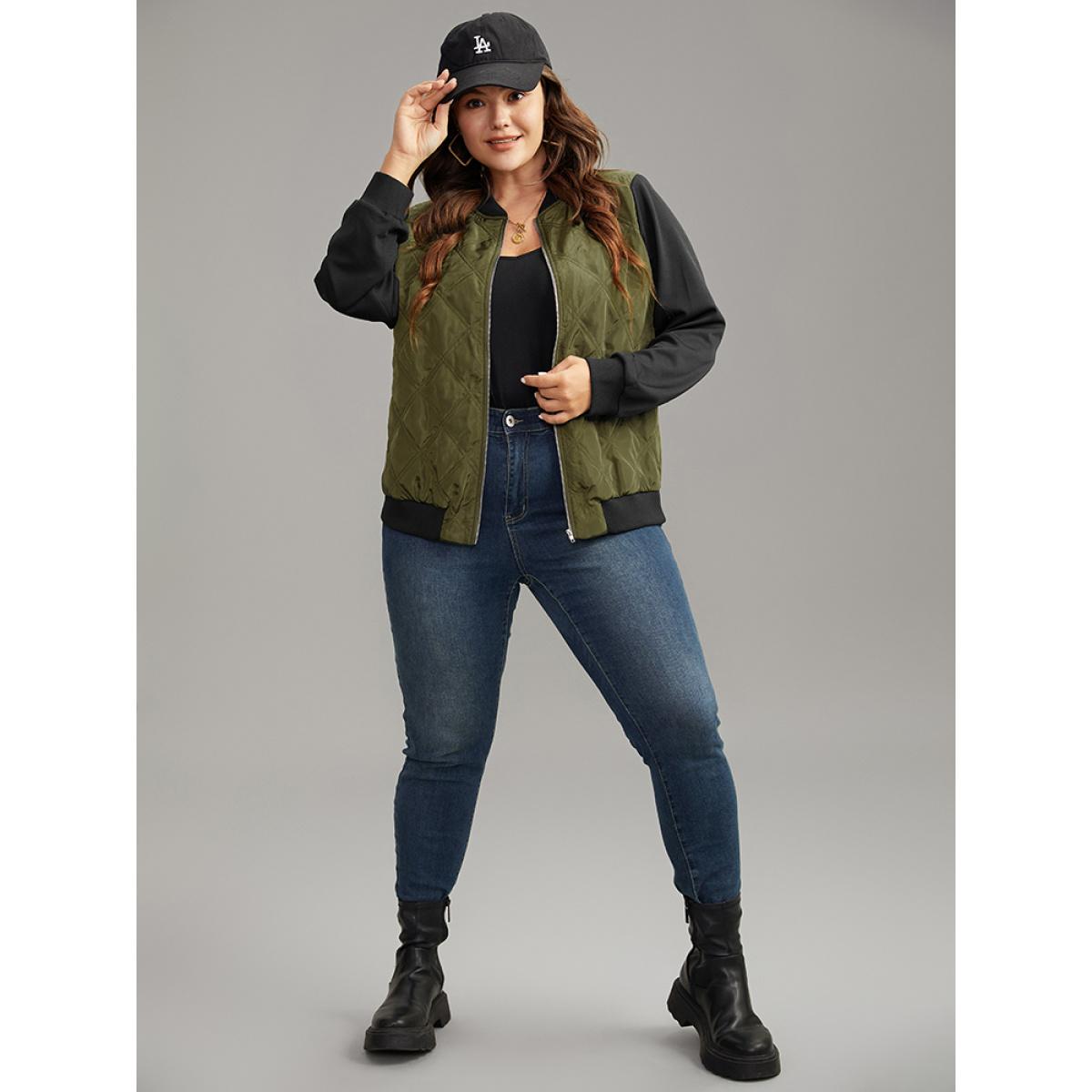 Plus Size Contrast Patchwork Quilted Zipper Bomber Jacket Women ArmyGreen Elastic cuffs Everyday Jackets BloomChic 22-24/3X Product Image