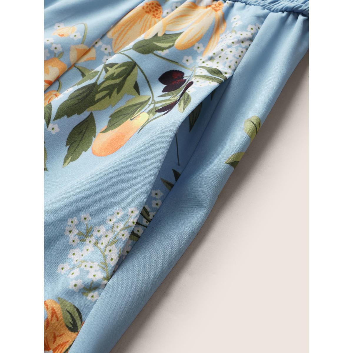 Plus Size Citrus Oranges Print Shirred Ruffle Trim Split Hem Dress Stone Women Elegant Non Square Neck Sleeveless Curvy Midi Dress BloomChic 22-24/3X Product Image