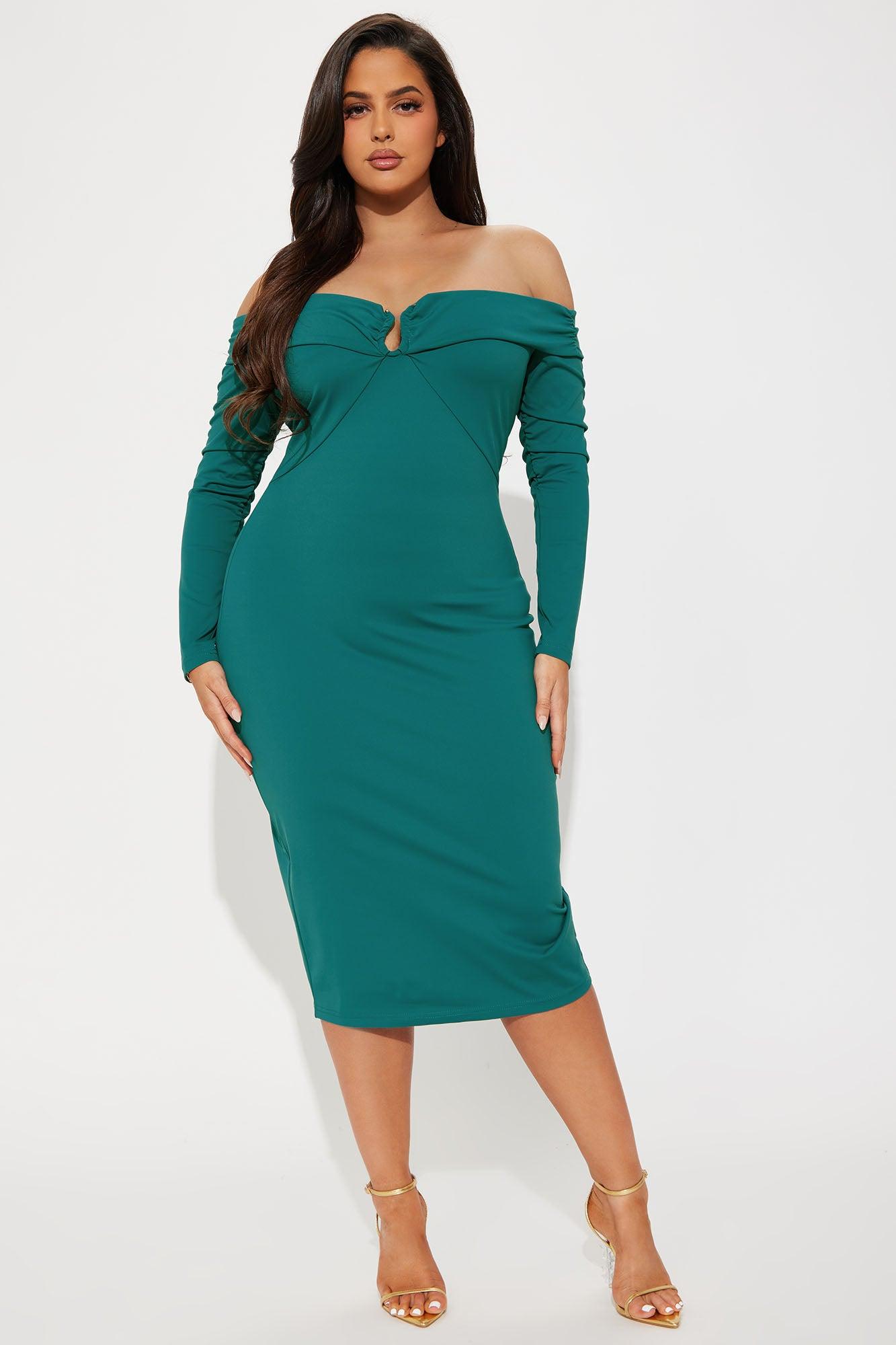 No Promises Off Shoulder Sculpt Midi Dress - Teal Product Image