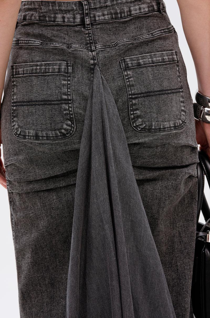 OH THE DRAMA DENIM MAXI SKIRT WITH TRAIN IN GREY Product Image