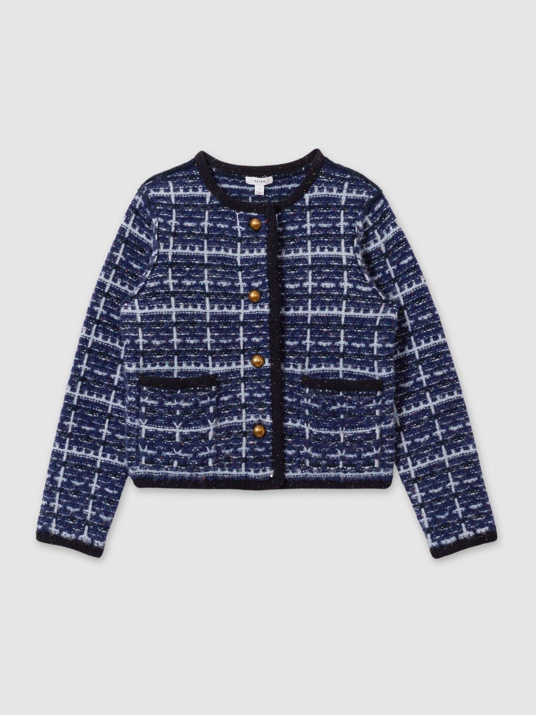 Tweed-Effect Cardigan with Merino in Blue Product Image