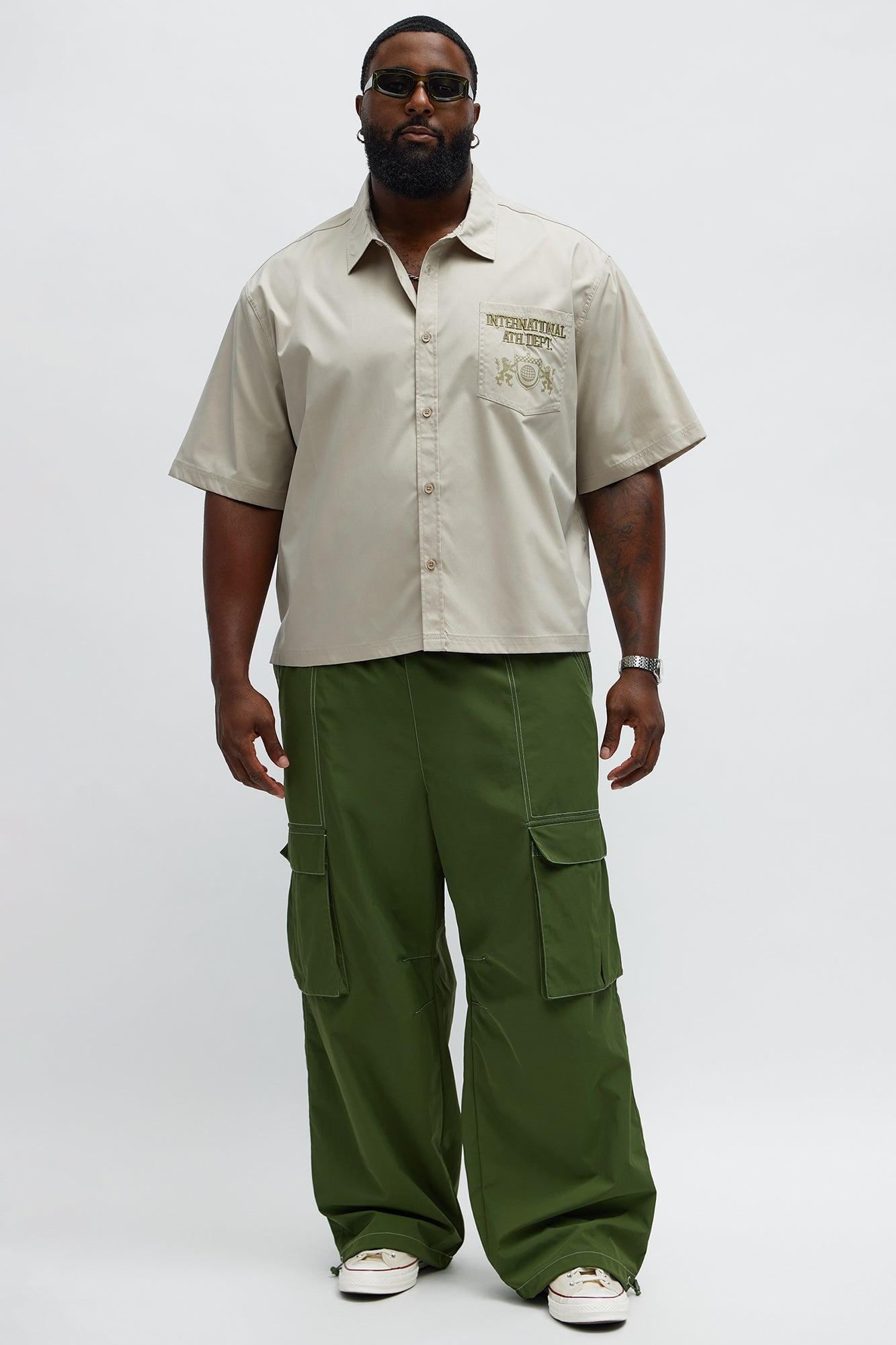 Cropped Athletic Dept. Short Sleeve Button Up Shirt - Khaki Product Image