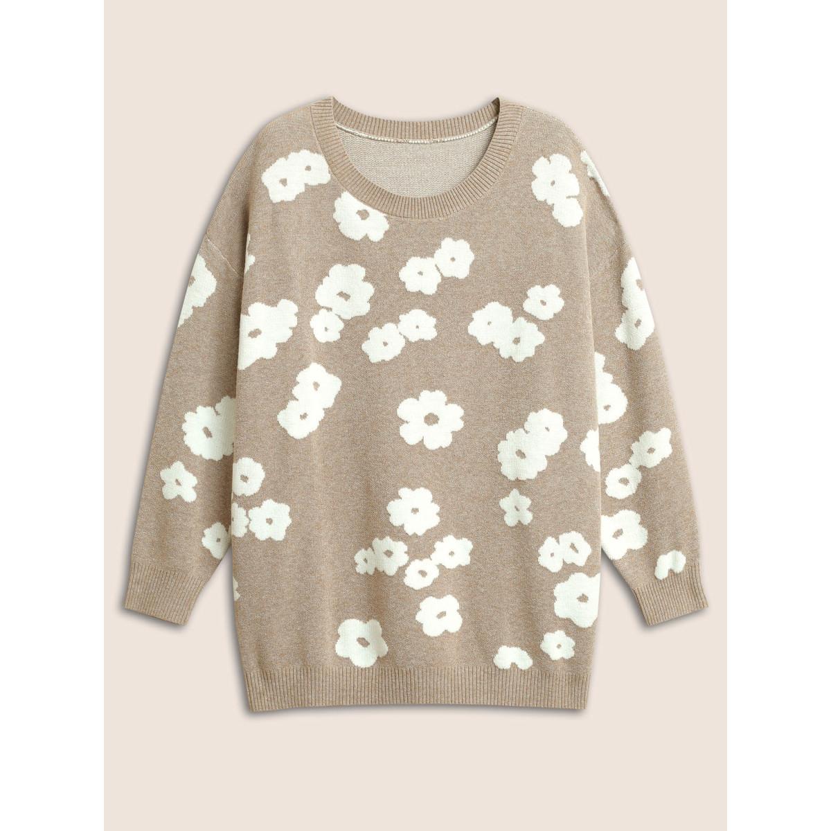 Plus Size Supersoft Essentials Floral Jacquard Pullover LightBrown Women Casual Loose Long Sleeve Round Neck Dailywear Pullovers BloomChic 22-24/3X Product Image