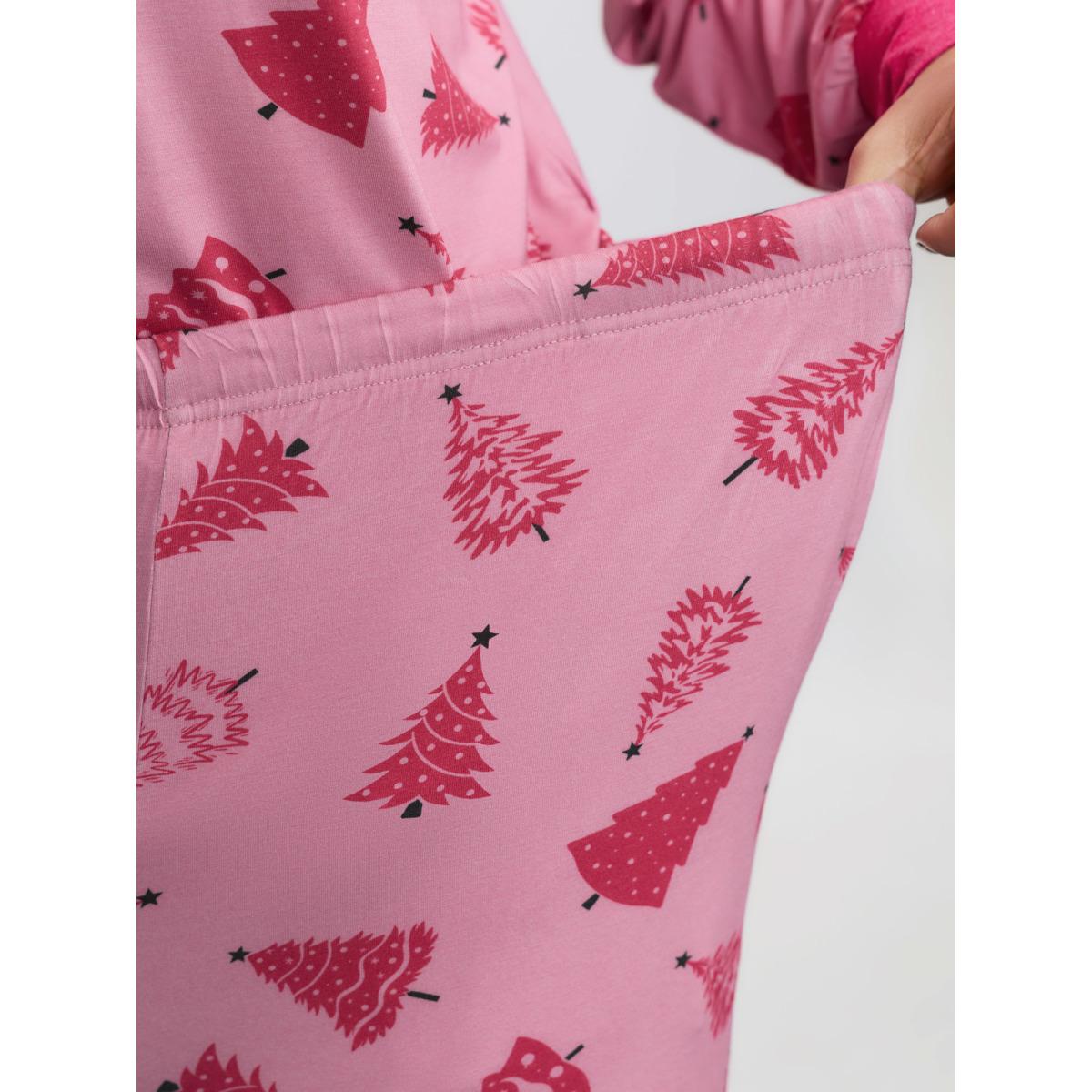 Plus Size Christmas Tree Buttons Loungewear Set Women Blush Christmas Contrast Extra Long Sleeve Flat collar with V-notch Loungewear Sets BloomChic 14-16/1X Product Image