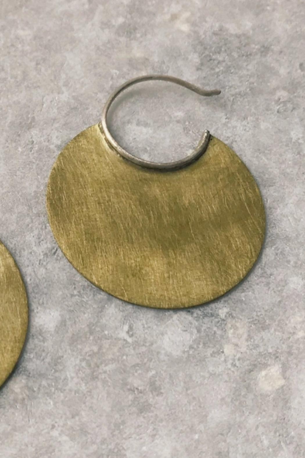 Medium Brass Disc Earrings with Sterling Hoops Product Image