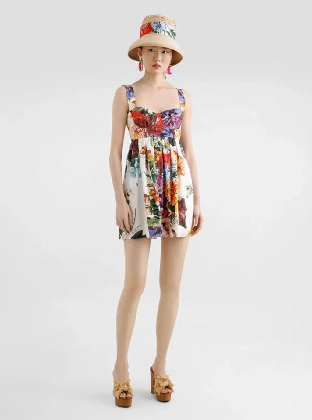 DOLCE & GABBANA Multicolor Sleeveless Dress With Bustier Style Neckline And All-over Floral Print In Cotton Woman Product Image