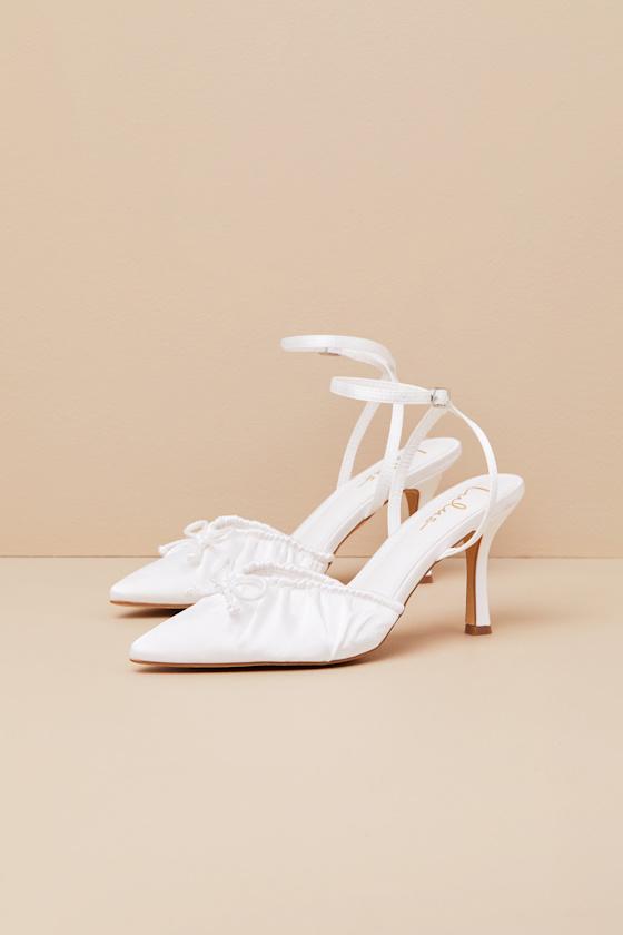 Issoria White Satin Bow Ankle Strap Pumps Product Image