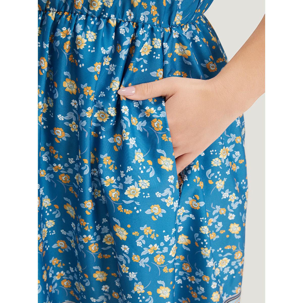 Plus Size Boho Print Ruffles Pocket Sleeveless Dress Blue Women Vacation Printed V-neck Sleeveless Curvy Midi Dress BloomChic 14-16/1X Product Image