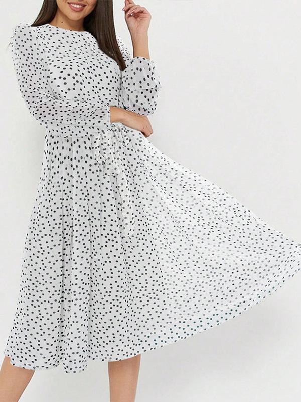 A-Line High Waisted Polka-Dot Tied Waist Round-Neck Midi Dresses Product Image