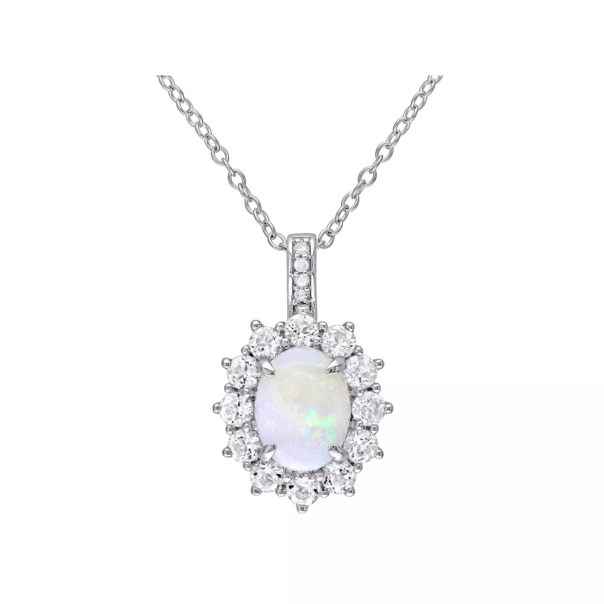 Stella Grace Sterling Silver Opal, White Topaz & Diamond Accent Halo Pendant Necklace, Women's,  Product Image