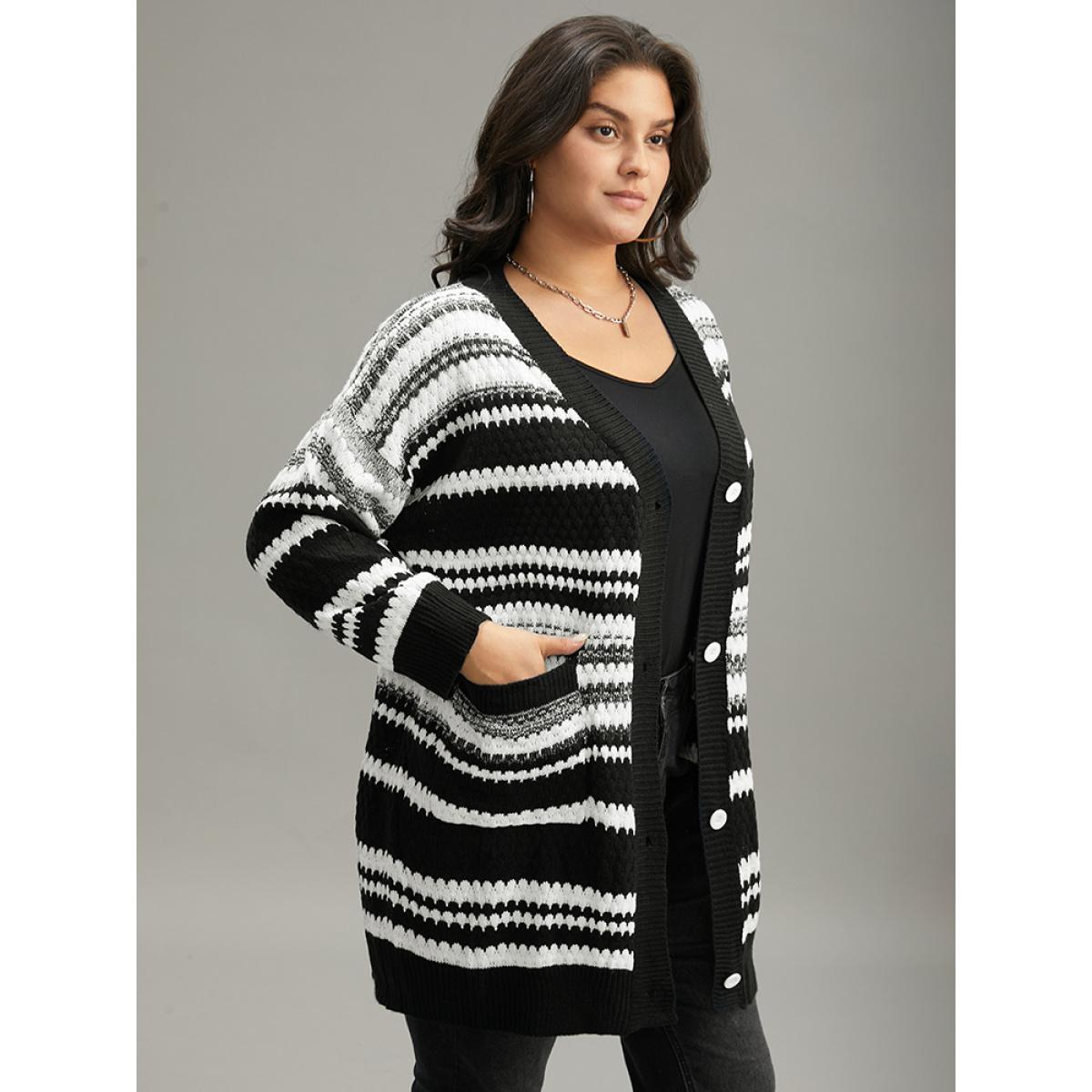 Plus Size Striped Patched Pocket Button Up Cardigan Multicolor Women Casual Loose Long Sleeve Dailywear Cardigans BloomChic 10/M Product Image