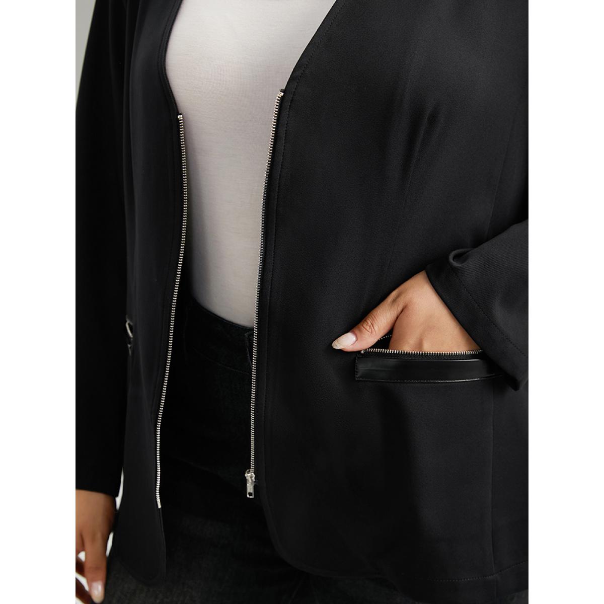 Plus Size Solid Zipper Fly Pocket Blazer Black Women Everyday Plain Plain Sleeve Long Sleeve Open Front 10/M Pocket Casual Blazers BloomChic Product Image