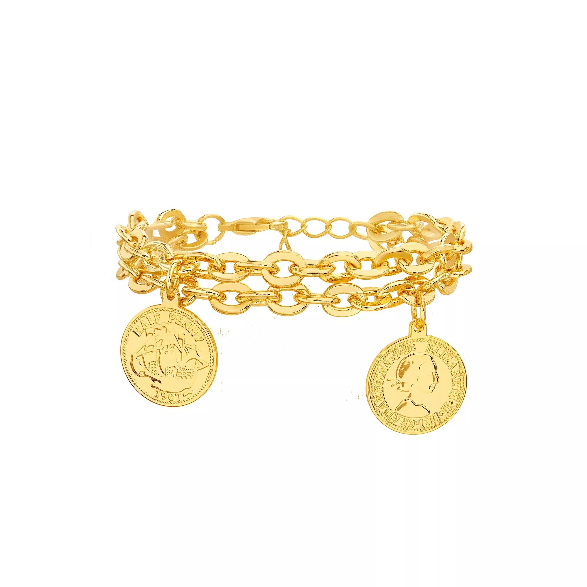 Paige Harper 14k Gold Plated Double Oval Link Bracelet with Coin Charms, Womens Gold Tone Product Image