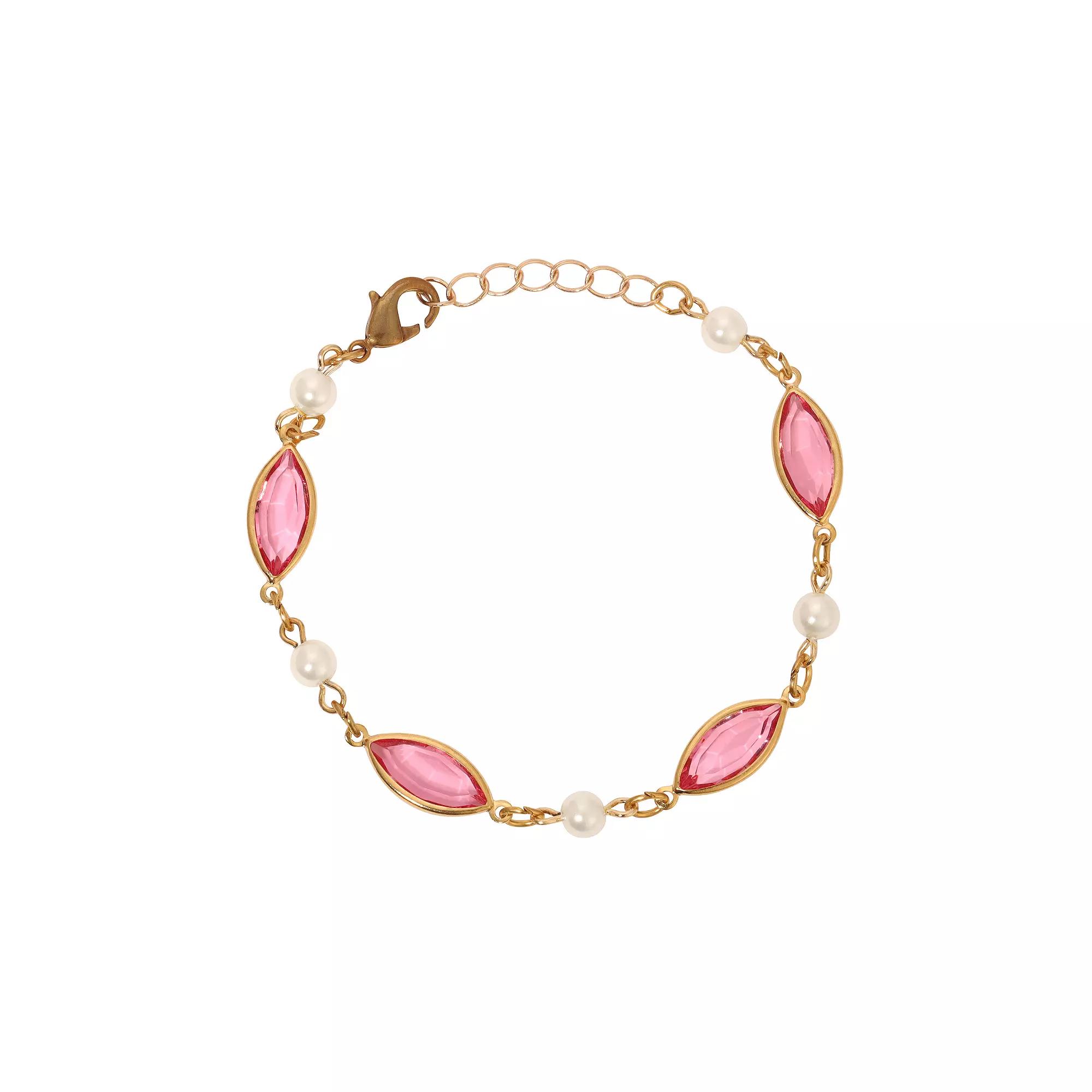 1928 Gold Tone Pink Crystal Faux Pearl Bead Bracelet, Women's Product Image