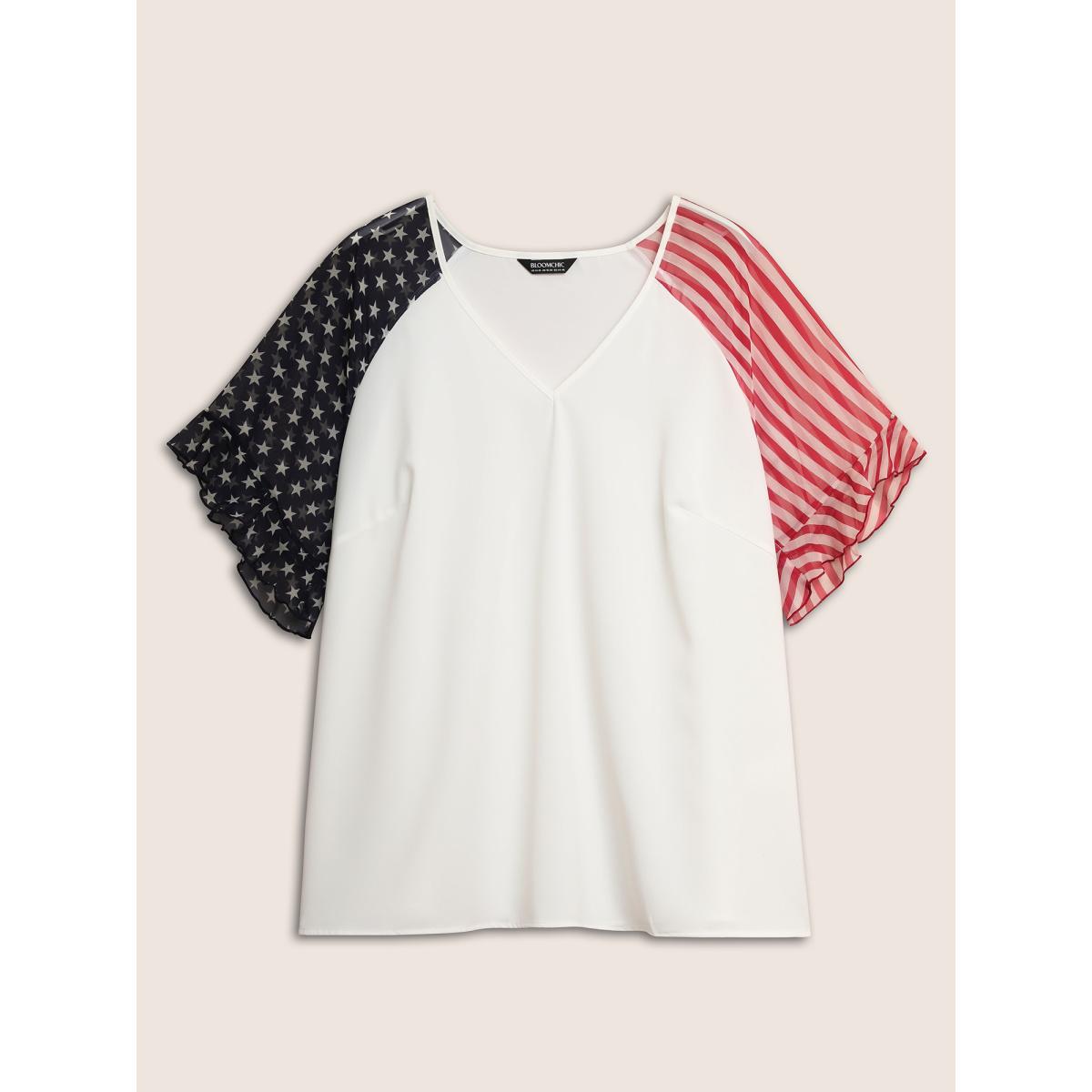 Plus Size Originalwhite Star & Striped Ruffles Raglan Sleeve Blouse Women Leisure Short sleeve V-neck Casual Blouses BloomChic 18-20/2X Product Image