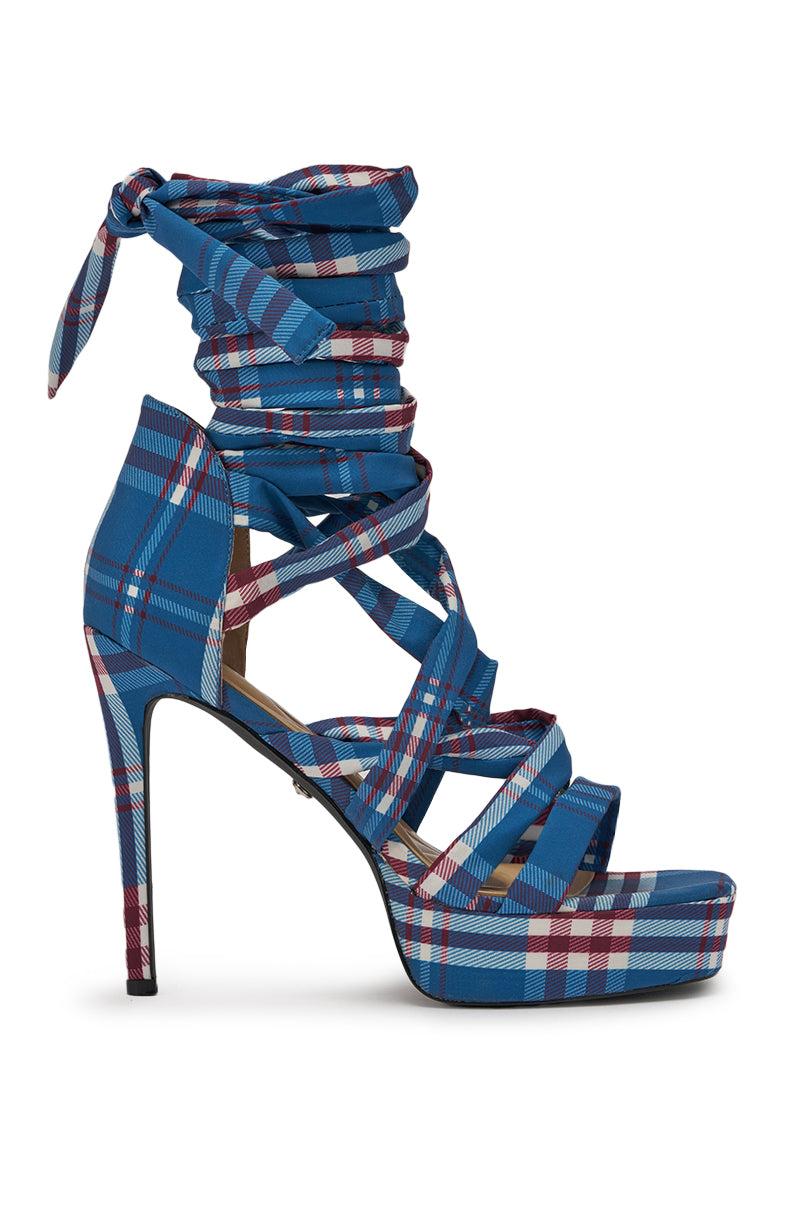 AZALEA WANG JEMISHA BLUE PLAID PRINT PLATFORM STRAPPY SANDAL Product Image