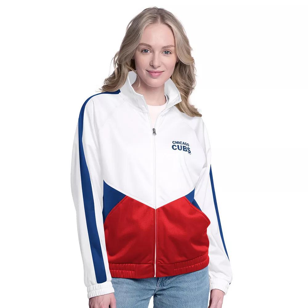 Women's G-III Sports by Carl Banks  White/Royal Chicago Cubs Rally Rhinestone Raglan Full-Zip Track Jacket, Size: XXL Product Image