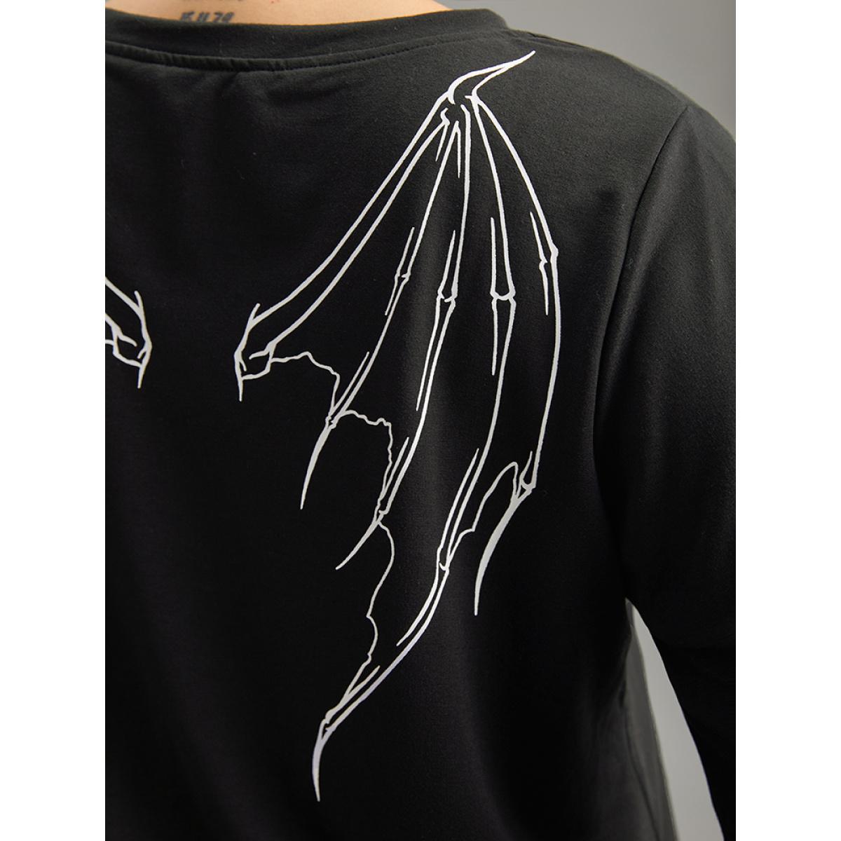 Plus Size Halloween Wing Print Elastic Cuffs Sweatshirt Women Black Casual Printed V-neck Dailywear Sweatshirts BloomChic 26/4X Product Image