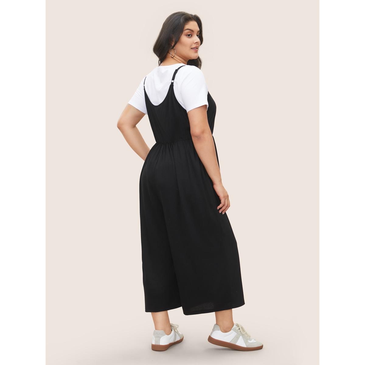 Plus Size Black Solid Button Detail Gathered Jumpsuit Women Casual Sleeveless Non Everyday Loose Jumpsuits BloomChic 30/6X Product Image