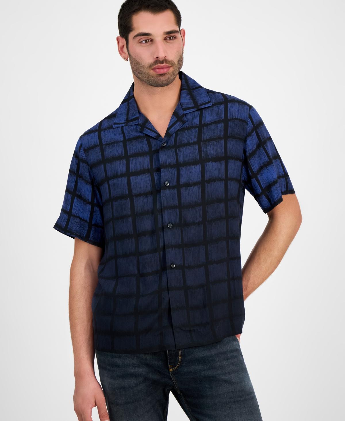HUGO BOSS Oversize-fit Shirt In Square-print Poplin In Blue Product Image