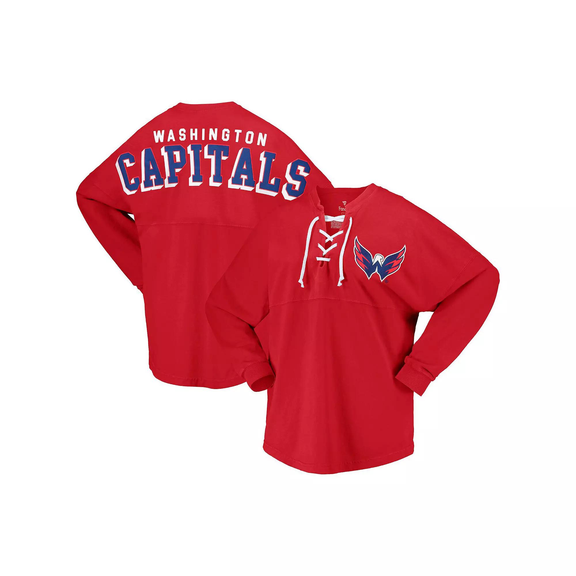 Women's Fanatics Branded Red Washington Capitals Spirit Lace-Up V-Neck Long Sleeve Jersey T-Shirt, Size: Large Product Image