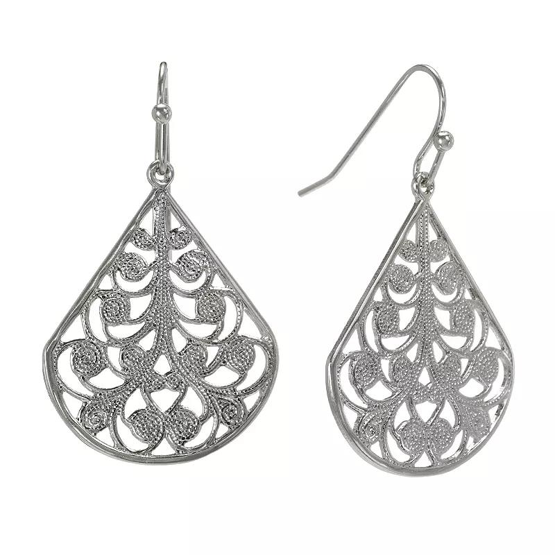 1928 Jet Filigree Teardrop Earrings, Womens, Silver Tone Product Image