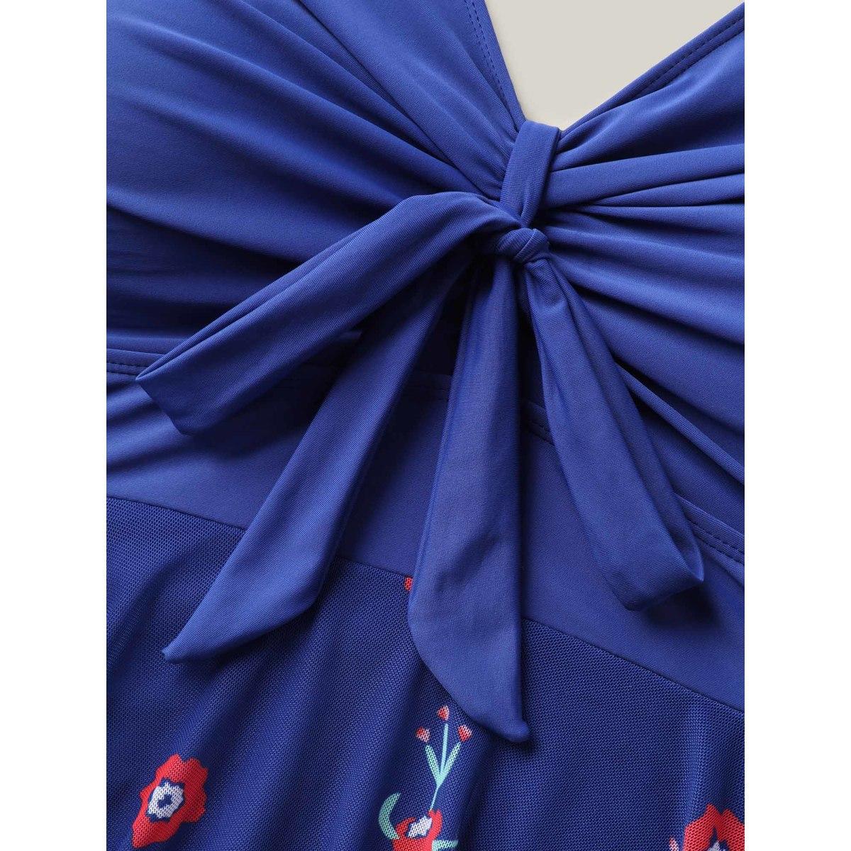 Plus Size Floral Print Mesh Adjustable Bust-Tie Swim Dress Women's Swimwear Indigo Beach Bodycon V-neck High stretch Curve Swim Dresses BloomChic 10/M Product Image
