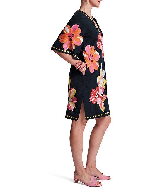 FRANCES VALENTINE Charming Floral Print Split Scoop Neck 3/4 Sleeve Dress Product Image