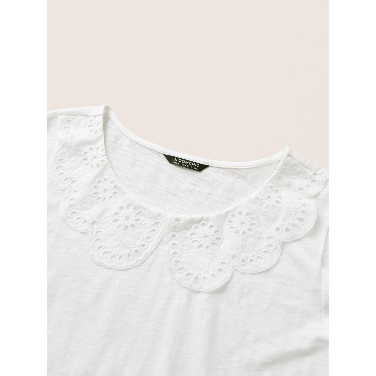 Plus Size Solid Broderie Anglaise Peter Pan Collar T-shirt White Women Elegant Non Plain Peter Pan Collar Everyday T-shirts BloomChic 26/4X Product Image