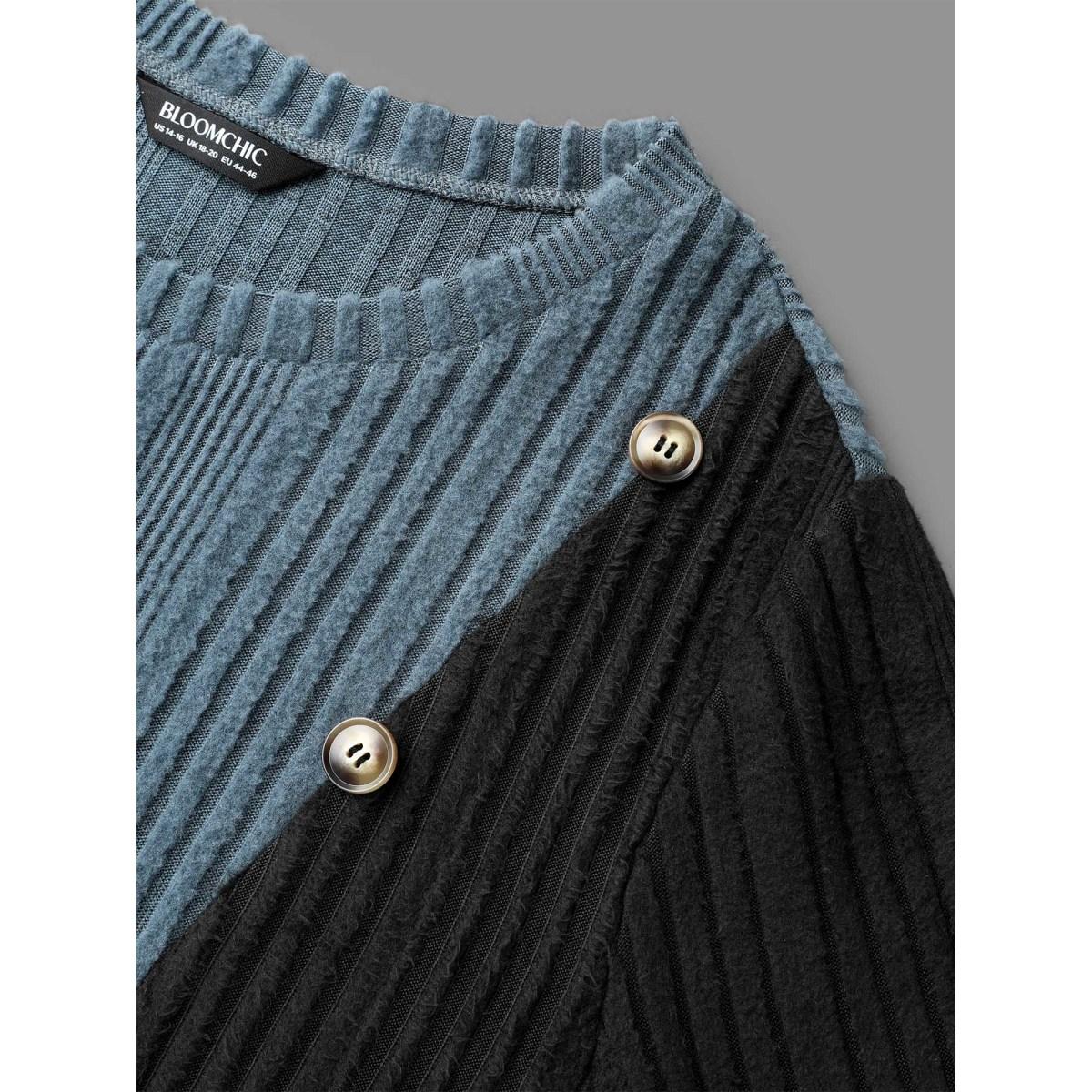 Plus Size Pit Strip Contrast Button Detail T-Shirt SlateGray Women Casual Texture Round Neck Everyday T-shirts BloomChic 12/L Product Image