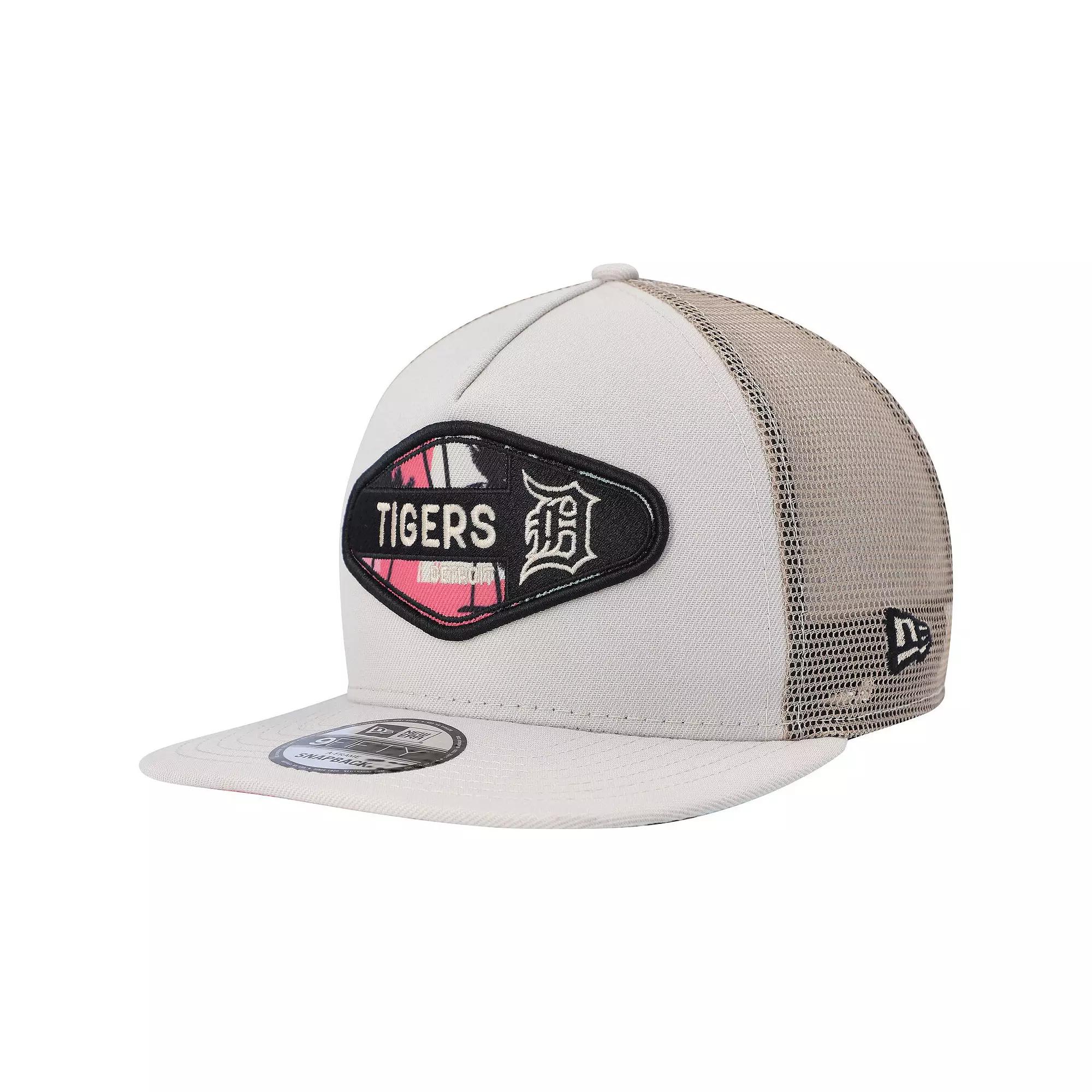 Men's New Era Natural Detroit Tigers Retro Beachin' Patch A-Frame Trucker 9FIFTY Snapback Hat, Beige Product Image
