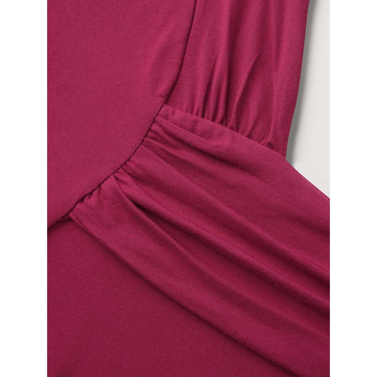 Plus Size Supersoft Asymmetrical Neckline Solid T-Shirt Burgundy Women Timeless Gathered Asymmetrical Neck Elegant T-shirts BloomChic 10/M Product Image